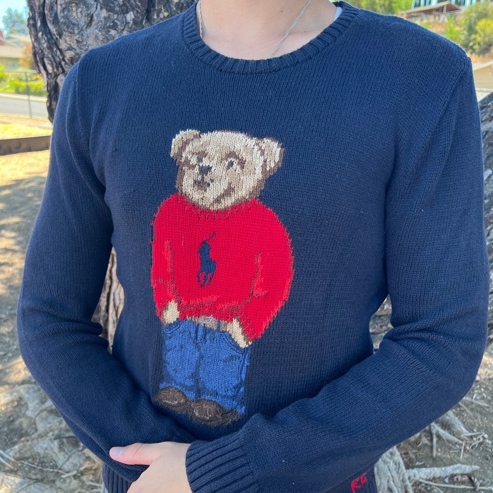 POLO BEAR RALPH LAUREN MEN BOY TEDDY KNIT SWEATER NAVY BLUE HOLIDAY CHRISTMAS S